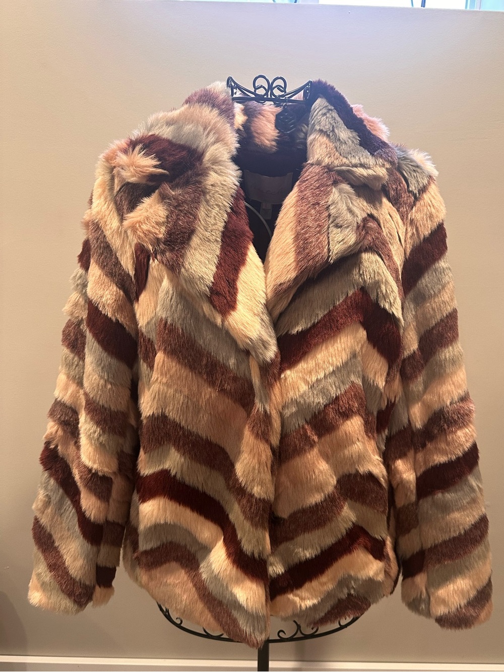 Hutch Faux Fur Chevron Jacket in Brown and Cream